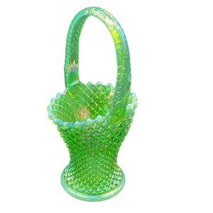 Westmoreland Green Iridescent Diamond Glass Basket Vase